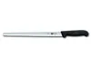 A long, serrated knife with a black handle, presented against a white background. Produktbild-Vorschau