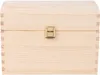 A close-up front view of an unpainted wooden chest with a brass latch. Produktbild-Vorschau