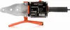 A polyfusion welding machine for plastic pipes is shown against a white background, resting on its orange stand. Produktbild-Vorschau