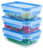 Three clear food storage containers stacked on top of each other, each with a blue lid and filled with different food items. Náhľad obrázku produktu