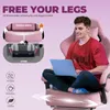 A person is sitting in a pink gaming chair using a laptop. There are diagrams and text highlighting the chair's features. Podgląd zdjęcia produktu