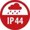 A red circular icon with a white cloud and raindrops symbol at the top, and the text 'IP44' in white at the bottom. Anteprima dell’immagine prodotto
