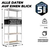A silver metal shelving unit with wooden shelves, shown with dimensions and load capacity information. Produktbild-Vorschau