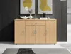 A light brown sideboard with silver handles is shown in a room with a dark gray wall and two abstract art pieces. Produktbild-Vorschau