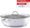 A stainless steel wok with a glass lid and handles, placed on a white background. A review badge is visible in the top right corner. Produktbild-Vorschau