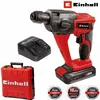 A red and black Einhell cordless hammer drill with its charger and carrying case, presented on a white background with marketing badges. Produktbild-Vorschau