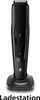 A black electric beard trimmer and its charging stand are shown against a white background. Produktbild-Vorschau