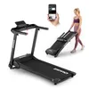 A collage showing a treadmill, a person folding a treadmill, and a hand holding a smartphone. Produktbild-Vorschau