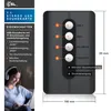A product image showing a USB sound card with its features and dimensions, alongside a lifestyle shot of a person using headphones and a laptop. Podgląd zdjęcia produktu