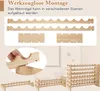 A collage of images showing a wooden wine rack, its components, and assembly instructions. Produktbild-Vorschau