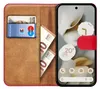 A book-style phone case with a phone inside, showing cards and money in the wallet section. Produktbild-Vorschau