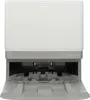 A front view of a white and gray robot vacuum cleaner with its base station. Produktbild-Vorschau