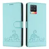 A light green flip case wallet for a Realme 8/8 Pro 4G phone, decorated with a cute cat illustration. The case is shown open and closed, displaying both the exterior and interior. Náhled obrázku produktu