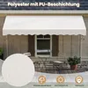 A white awning is installed over a window on a house, with a small table and chairs on the deck below. Anteprima dell’immagine prodotto