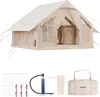 A beige camping tent and its accessories are displayed against a white background. Produktbild-Vorschau