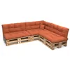 A sectional sofa made from wooden pallets with orange cushions, shown against a white background. Voir les images du produit