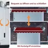 A split image showing a retractable awning in both extended and retracted positions, with a crank mechanism on the left. Produktbild-Vorschau