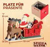 A Christmas advent calendar in the shape of Santa's sleigh, pulled by reindeer, with dimensions indicated. A separate drawer is shown with its dimensions. Anteprima dell’immagine prodotto
