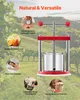 A product shot of a manual fruit press with various lifestyle images and text overlays, set against a blurred vineyard background. Produktbild-Vorschau