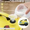 A hand is pouring water into a yellow steam cleaner through a funnel. The product has text overlays describing its features. Produktbild-Vorschau