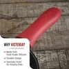 A close-up of a red silicone handle protector on a pan handle, with text overlay highlighting product features. Produktbild-Vorschau
