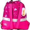 The back of a pink backpack with heart patterns and a rabbit image. Produktbild-Vorschau