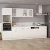 A modern white kitchen with cabinets, an oven, and a refrigerator. Produktbild-Vorschau