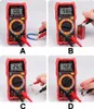 Four images showing a Habotest HT108L Digital Multimeter being used to measure different electrical components and a battery. Podgląd zdjęcia produktu