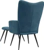 The back view of a blue velvet armchair and ottoman set on a white background. Voir les images du produit
