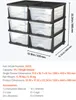 A 3-drawer storage unit with clear drawers and black frame, shown with dimensions and accessory list. Podgląd zdjęcia produktu