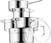 A stack of stainless steel pots and pans with a glass lid. Produktbild-Vorschau