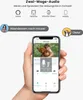 A hand holding a smartphone displaying a security camera app with a child and dog in the foreground. Icons and text describe features like two-way audio and compatibility with smart devices. Produktbild-Vorschau