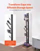 A vacuum cleaner stand is shown in a room next to a cabinet, with text overlays highlighting its features. Voir les images du produit