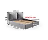 A 3D rendering of a gray upholstered bed with dimensions indicated by measurement lines and text. Produktbild-Vorschau