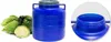 A collage of a blue fermentation vessel and cabbages, with a close-up of the vessel's opening. Produktbild-Vorschau