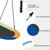 Close-up details of a colorful oval swing with text labels pointing to its features. Anteprima dell’immagine prodotto