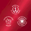 Three circular badges with text and icons on a red background. Náhled obrázku produktu