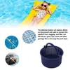 A young girl is relaxing on a yellow inflatable raft in a swimming pool, with inset images showing pool debris and a skimmer basket. Produktbild-Vorschau