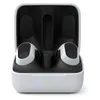 A pair of white and black wireless earbuds in their charging case. Produktbild-Vorschau