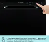 Close-up of a black dishwasher control panel with a finger pressing a button, and text at the bottom. Produktbild-Vorschau
