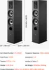 Two black tower speakers are shown side-by-side with dimensions and specifications listed below. Produktbild-Vorschau