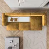 A top-down view of a yellow sectional sofa with two throw pillows on a wooden floor, next to a coffee table and a textured rug. Produktbild-Vorschau