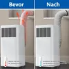 A split image showing a portable air conditioner before and after installing an insulated hose cover. Produktbild-Vorschau