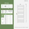 A diagram showing dimensions and specifications of a towel radiator, alongside a technical drawing of the radiator. Produktbild-Vorschau
