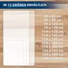 A display of different sizes of floor protection mats on a wooden background, with a list of available sizes. Produktbild-Vorschau
