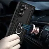 A hand holding a black phone case with a ring holder, which is magnetically attached to a rose gold car mount on an air vent. Produktbild-Vorschau
