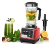 A red and black blender with a pitcher filled with fruits and ice, next to a glass of green juice and some fresh ingredients. Produktbild-Vorschau