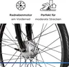 Close-up of an electric bicycle front wheel with a hub motor, accompanied by marketing text and icons. Produktbild-Vorschau