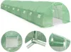 A long, green tunnel greenhouse with multiple windows, shown from a slightly elevated angle. Below are three close-up shots of the greenhouse's construction and features. Anteprima dell’immagine prodotto