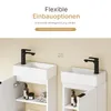 Two identical white bathroom vanity units with black faucets are shown side-by-side, with the left unit's cabinet door open to reveal shelves with toiletries. Text overlays describe flexible installation options. Náhled obrázku produktu